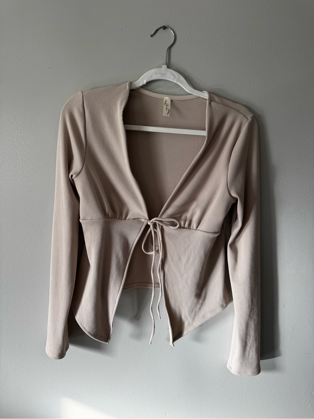 Lily Stem Beige Tie-Front Ribbed Long Sleeve Top
